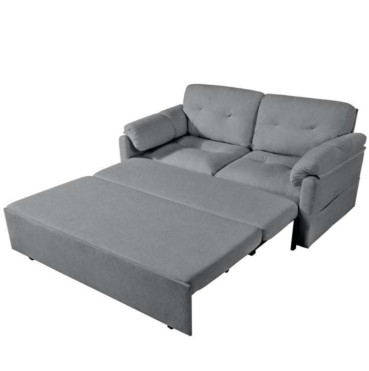 Multifunctional retractable sofa bed for living room use, featuring adjustable design for sitting, lounging, or sleeping, with modern upholstery and space-saving functionality.