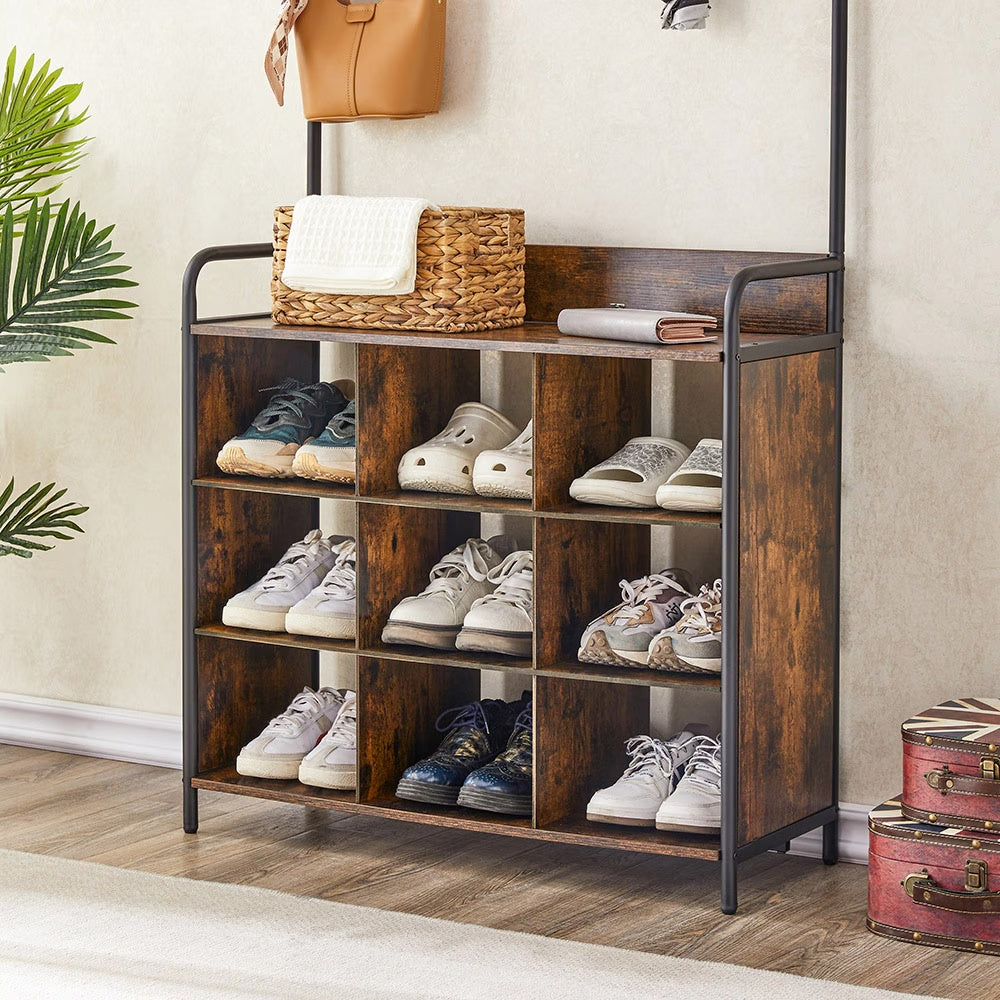 3-in-1 Entryway Coat Rack with Shoe Storage, 7 Metal Hooks, Hanging Rod, Antique Natural Finish, Freestanding Hall Tree Organizer