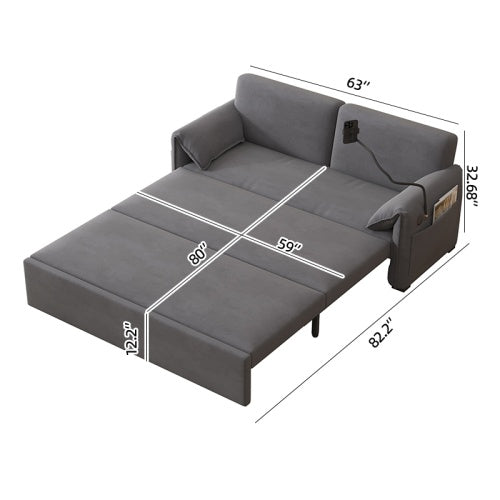 63-inch velvet folding sofa bed with 3-in-1 design for sitting, lounging, and sleeping, featuring ergonomic backrest, oversized pillows, USB charging port, and durable carbon steel frame