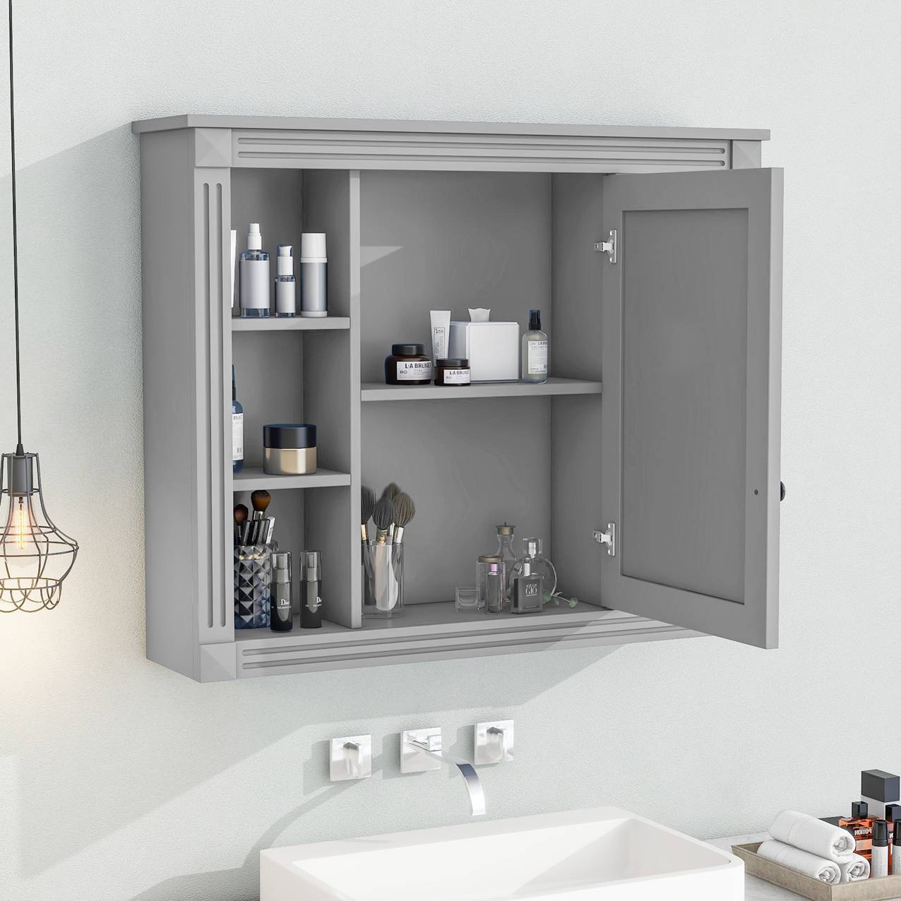 Modern white wall-mounted bathroom storage cabinet with mirrored doors and open center shelf – sleek MDF design with multiple interior compartments for organized bathroom storage.