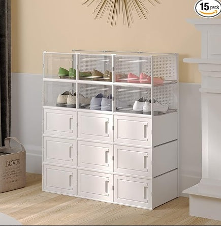 15-Pack Foldable Shoe Storage Boxes – Shoe Organizer Bins with Drawer-Friendly Design