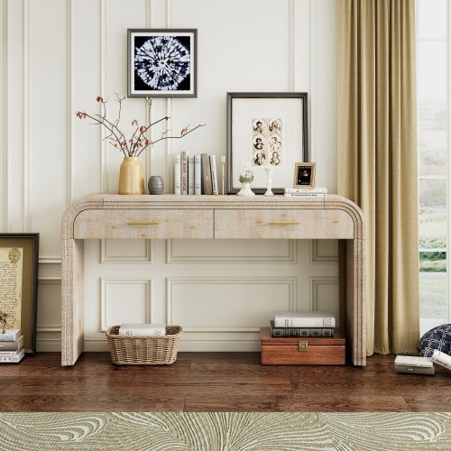Retro entryway table with two drawers and open shelf in natural wood wash finish, vintage style console table for hallway or living room