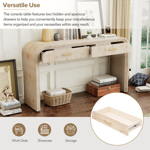 Retro entryway table with two drawers and open shelf in natural wood wash finish, vintage style console table for hallway or living room