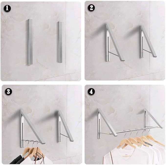 Wall-mounted silver aluminum laundry drying rack with two foldable arms and built-in hanging rods, space-saving design for laundry rooms or utility areas