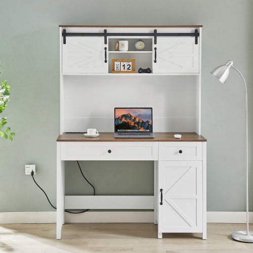 White rustic farmhouse wooden home office desk made of particle board with built-in charging station, dimensions 47.2" L x 19.7" W x 67.9" H