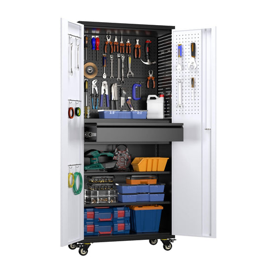 71-inch tall black and gray metal storage cabinet with lockable doors and caster wheels for mobile heavy-duty organization in workshop or garage