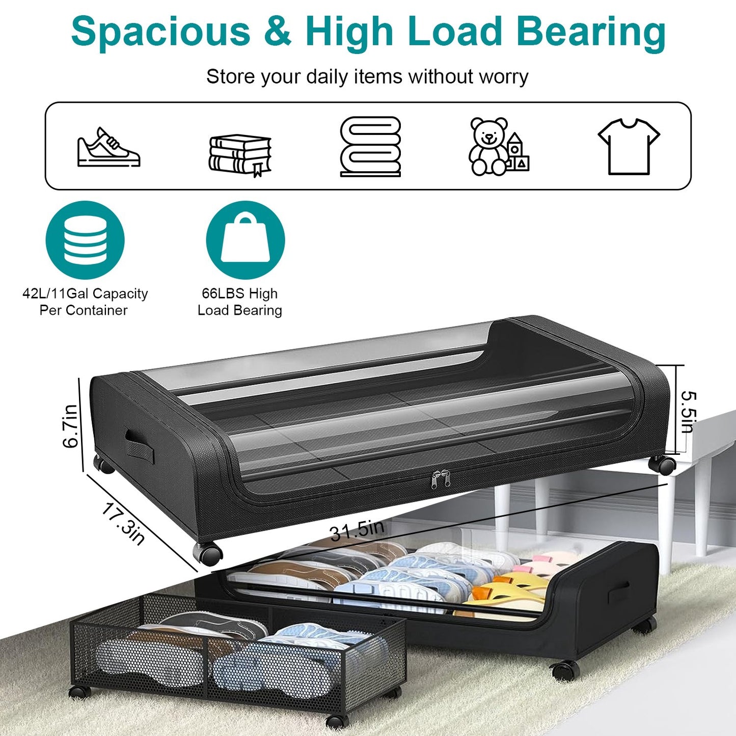 2PCS Under Bed Storage Containers with Lids, Wheels & Strap Handles – 42L (11 Gal) Each – Space-Saving Organizers – FedEx Shipping
