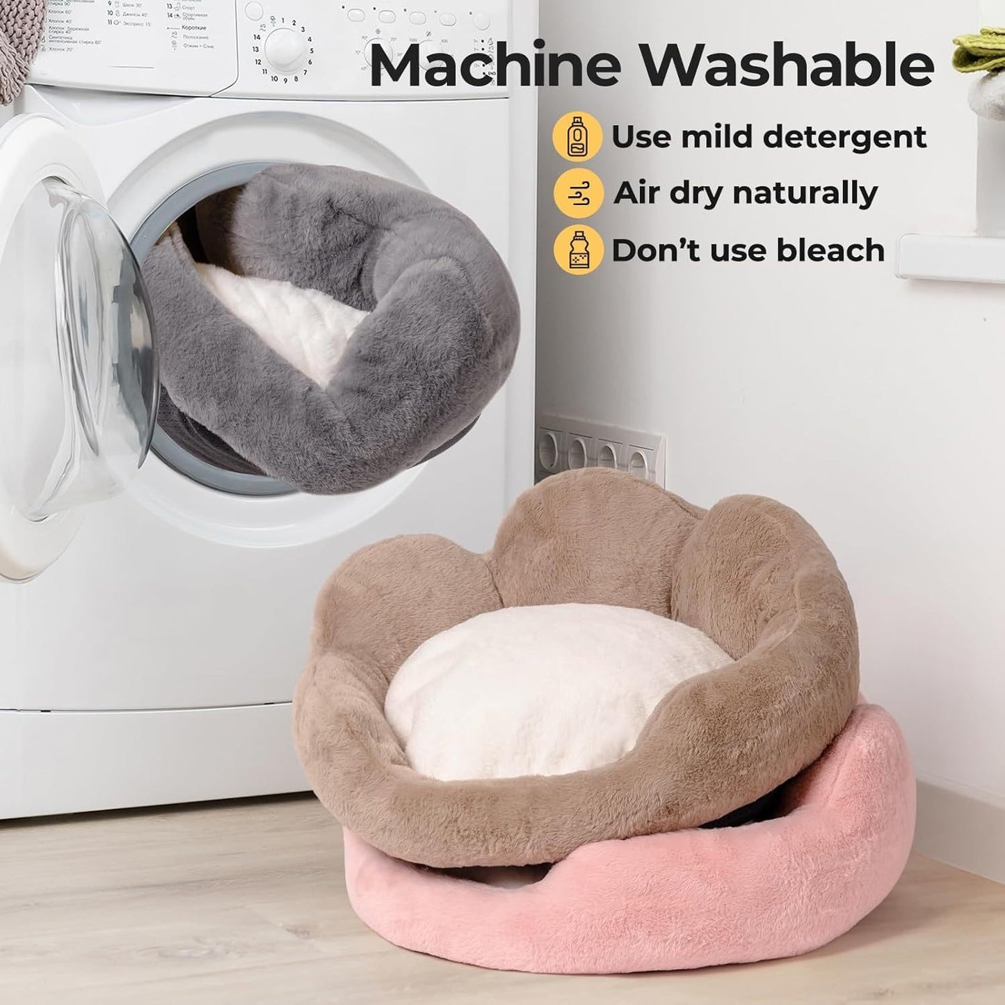 MEWOOFUN Washable Fluffy Cat & Small Dog Bed – Indoor Cat Couch with Non-Slip Bottom, Flower Design, Perfect for Puppies & Kittens (Grey)