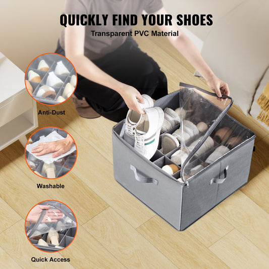 VEVOR Under Bed Shoe Organizer with 16 Adjustable Compartments and Clear Cover – Space-Saving Shoe Storage for Bedroom or Closet