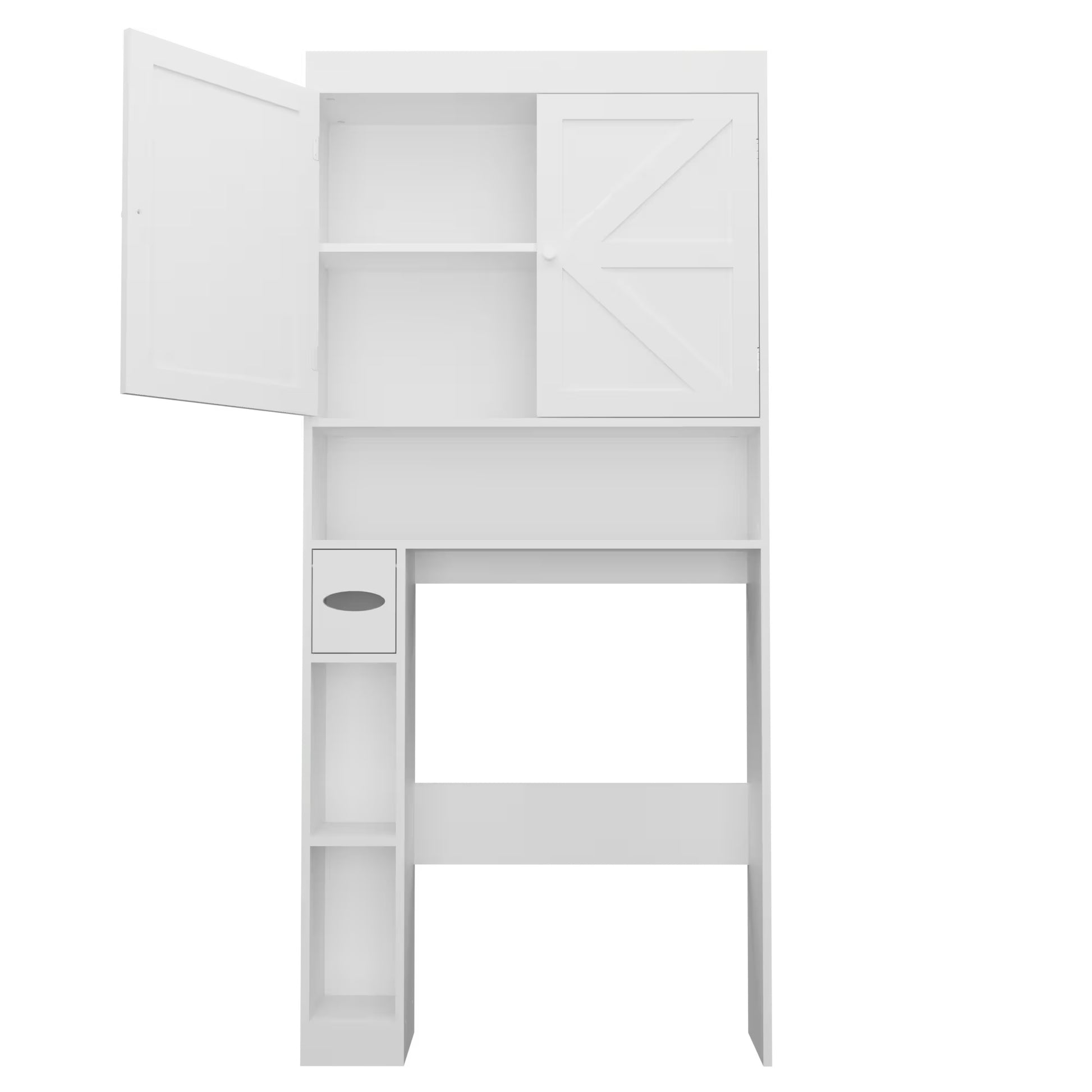 White over-the-toilet storage cabinet with farmhouse double-door design, fits above toilet for space-saving bathroom organization