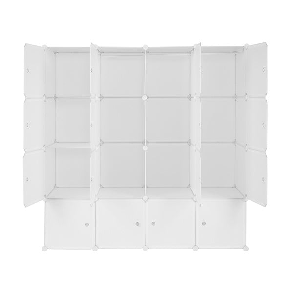 White 16-cube modular plastic storage organizer with doors and hanging rods, featuring stackable DIY design for closet, bedroom, or entryway organization; includes steel frame and customizable layout for clothes, shoes, and household items