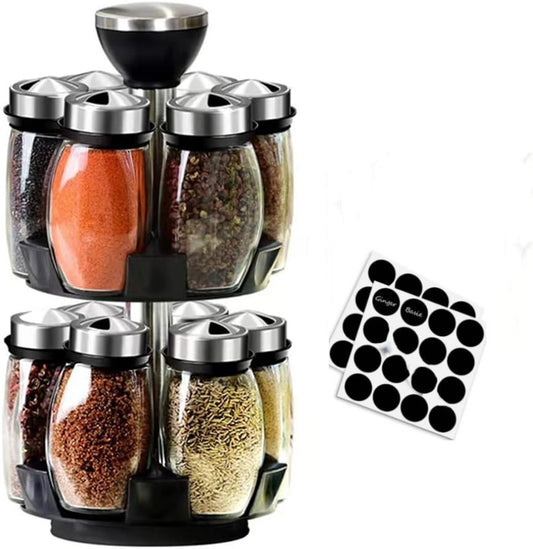 Revolving spice rack organizer with 12 glass jars, rotating countertop storage for kitchen spices and herbs