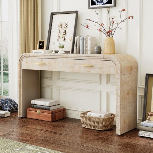 Retro entryway table with two drawers and open shelf in natural wood wash finish, vintage style console table for hallway or living room