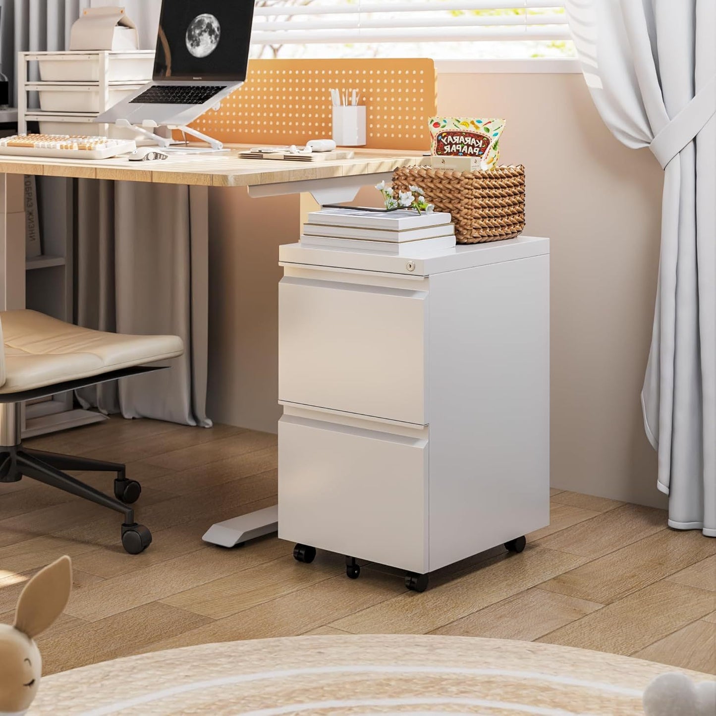 White metal 2-drawer office file cabinet by Aobabo with lock, hanging file storage for legal, letter, and A4 documents, fully assembled with wheels for under-desk use and enhanced mobility.