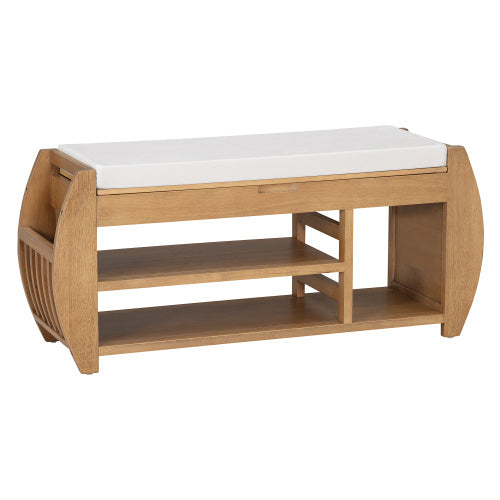Retro multifunctional storage bench with cushioned seat, open shelves, and hidden compartment—wooden frame in modern design, ideal for entryway, hallway, or living room