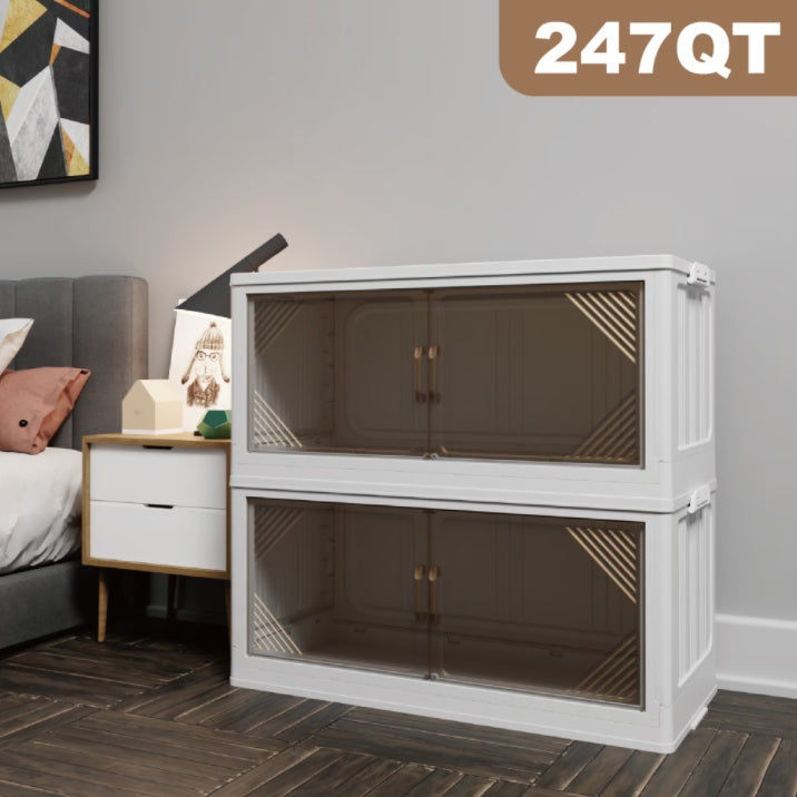 Large 35.4'' clear plastic foldable storage box with stackable design, ideal for closet or under-bed organization