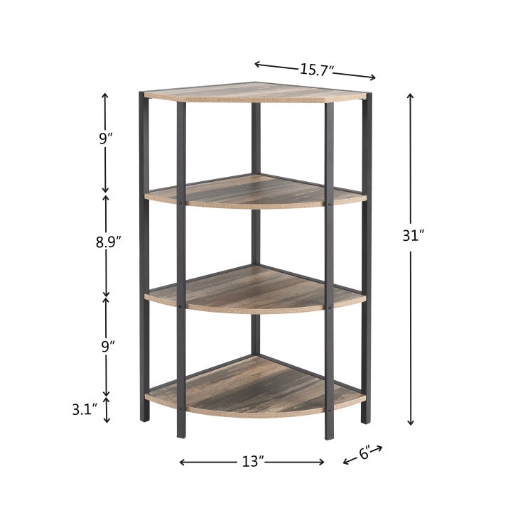 Black and brown 4-tier corner shelf with a modern-rustic design, featuring four open particle board shelves arranged in a vertical structure that fits neatly into a corner; ideal for storing books, plants, or decorative items in kitchens, home offices, living rooms, or small spaces.