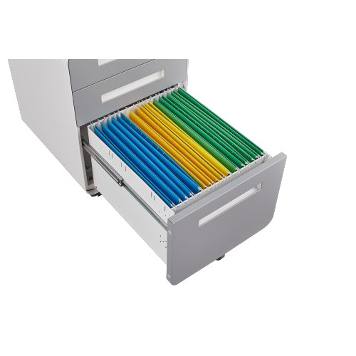 Modern 3-drawer mobile filing cabinet in white and grey cold-rolled steel, with central lock, full-extension drawers, and 5-wheel base—fits A4, letter, and legal files, ideal for home or office use.