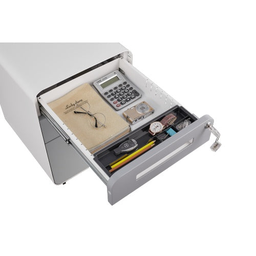 Modern 3-drawer mobile filing cabinet in white and grey cold-rolled steel, with central lock, full-extension drawers, and 5-wheel base—fits A4, letter, and legal files, ideal for home or office use.