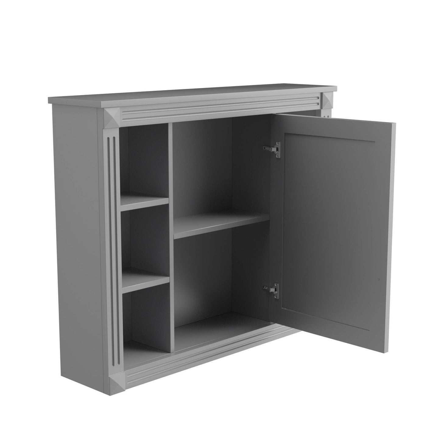 Modern white wall-mounted bathroom storage cabinet with mirrored doors and open center shelf – sleek MDF design with multiple interior compartments for organized bathroom storage.