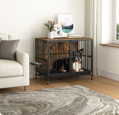 Modern kennel dog cage furniture with sturdy ironwood frame and durable particleboard, antique brown finish, foldable top panel, adjustable feeding basin with stainless steel bowls, removable tray, wheels for easy mobility, supports dogs up to 80 lbs