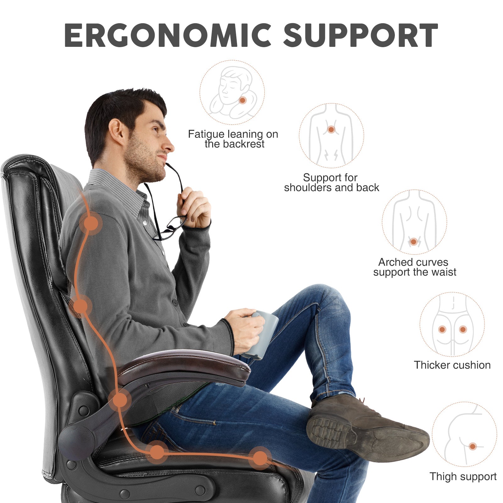 PU leather executive office chair with high back, ergonomic lumbar support, flip-up armrests, 360° swivel wheels, and durable frame supporting up to 275 lbs