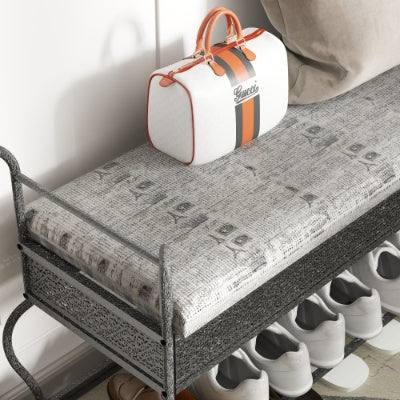 Industrial rustic entryway shoe rack bench with black upholstered seat and open metal shelves for shoe storage, rectangular design, metal frame, suitable for small spaces