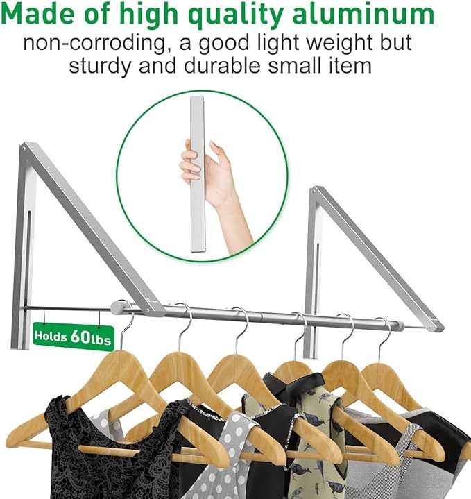 Wall-mounted silver aluminum laundry drying rack with two foldable arms and built-in hanging rods, space-saving design for laundry rooms or utility areas