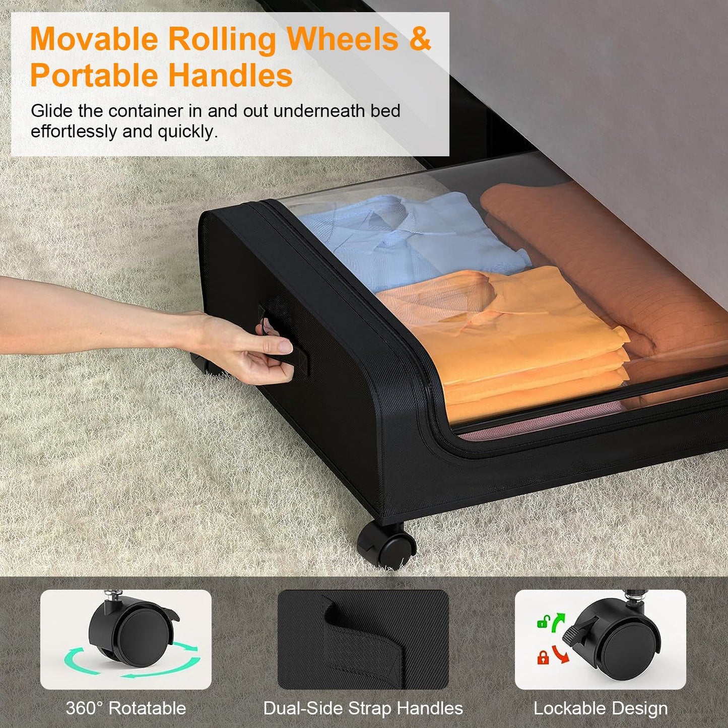 2PCS Under Bed Storage Containers with Lids, Wheels & Strap Handles – 42L (11 Gal) Each – Space-Saving Organizers – FedEx Shipping