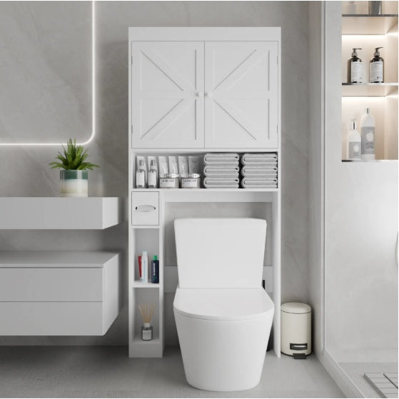 White over-the-toilet storage cabinet with two farmhouse-style doors and open bottom shelf for bathroom organization.