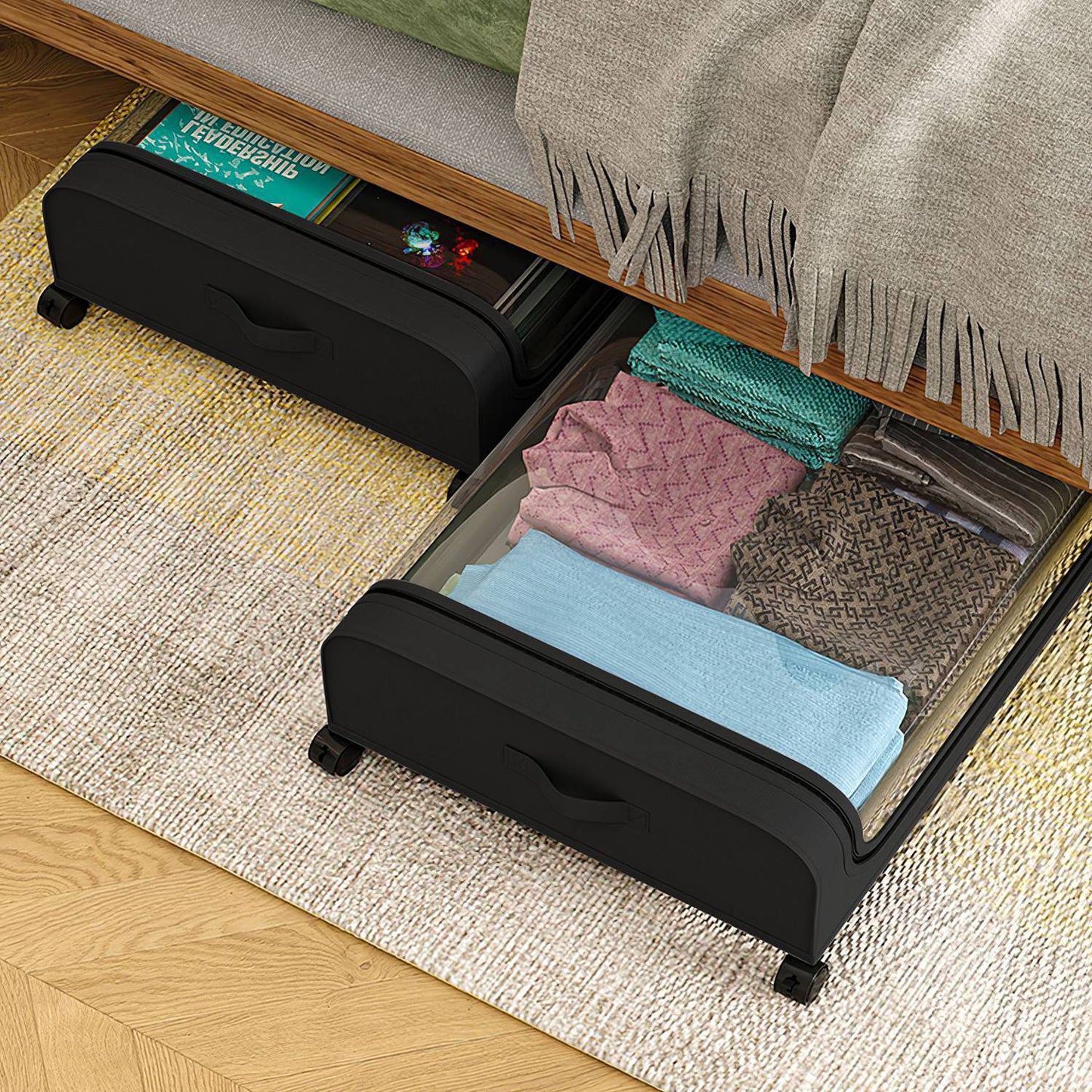 2PCS Under Bed Storage Containers with Lids, Wheels & Strap Handles – 42L (11 Gal) Each – Space-Saving Organizers – FedEx Shipping
