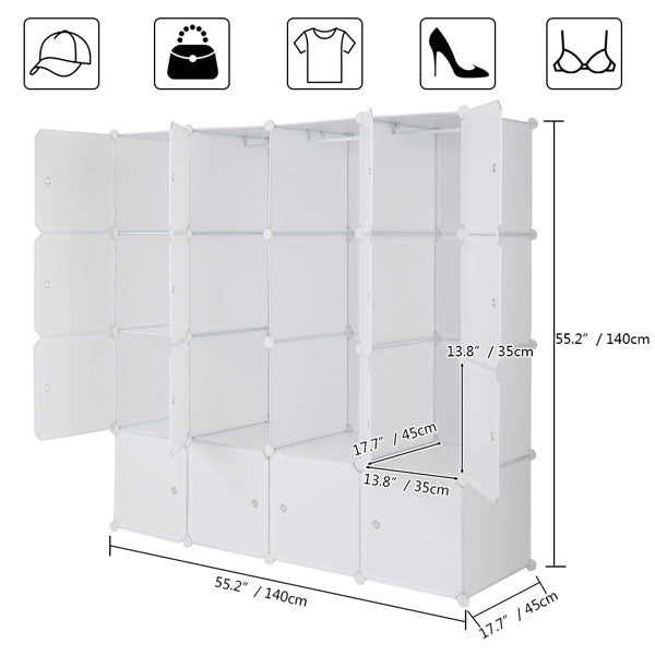 White 16-cube modular plastic storage organizer with doors and hanging rods, featuring stackable DIY design for closet, bedroom, or entryway organization; includes steel frame and customizable layout for clothes, shoes, and household items