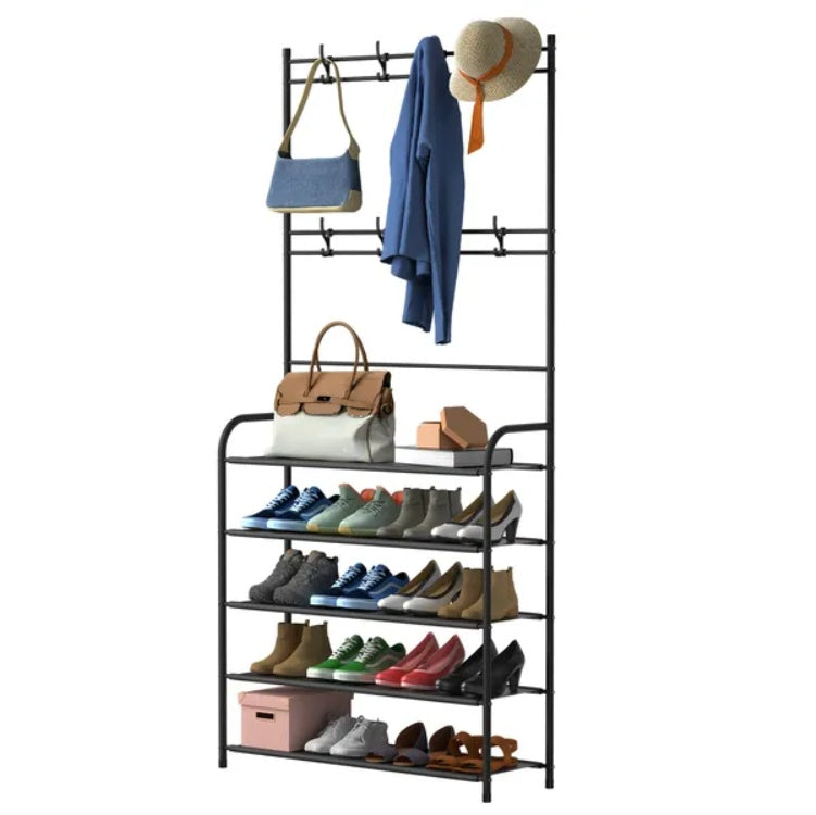 Freestanding entryway hall tree with coat and hat rack, shoe storage shelves, and garment hanger—an all-in-one organizer for entryway, hallway, or bedroom.
