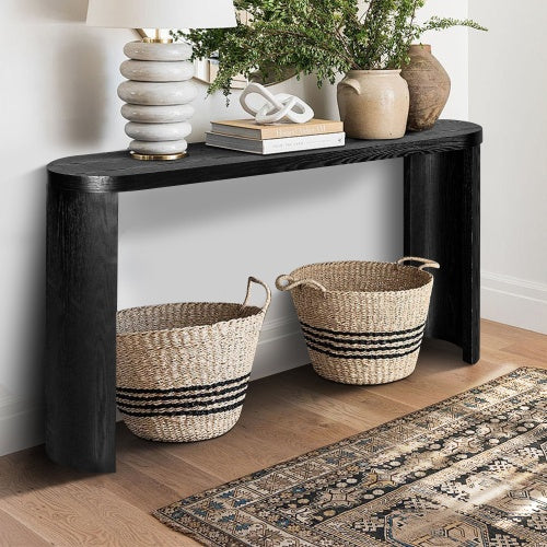 60-inch entryway table with thick wooden top and elegant curved legs, featuring flexible inward and outward installation, ideal for sofas, hallways, and entryways