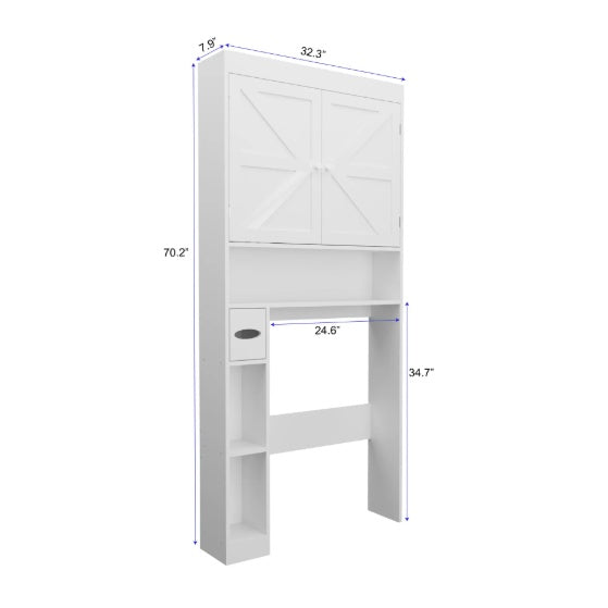 White over-the-toilet storage cabinet with two farmhouse-style doors and open bottom shelf for bathroom organization.