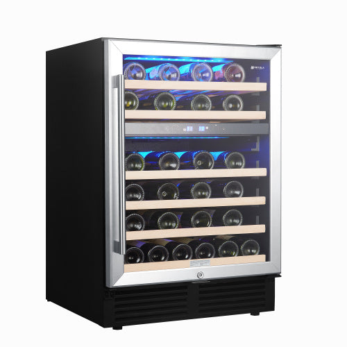 24-inch Dual Zone Wine Refrigerator with 46-Bottle Capacity, Built-In Black Stainless Steel Cooler Featuring 6 Adjustable Wooden Shelves, Automatic Defrost, Touchpad Control, and LED Lighting