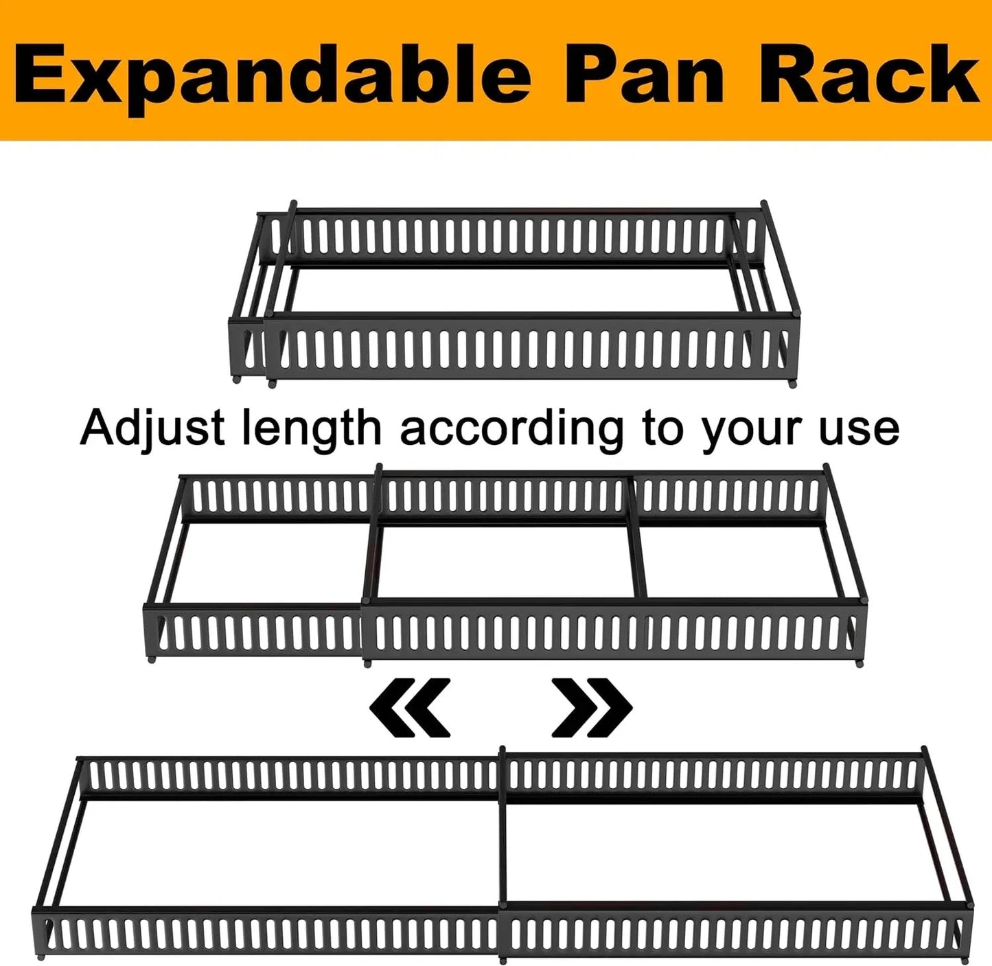 Expandable pot lid organizer rack holding various sizes of lids and cutting boards, adjustable width, ideal for kitchen cabinet or countertop storage