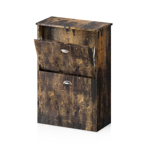 Vintage slim shoe cabinet with two flip drawers in compact wood design, ideal for entryway or hallway storage