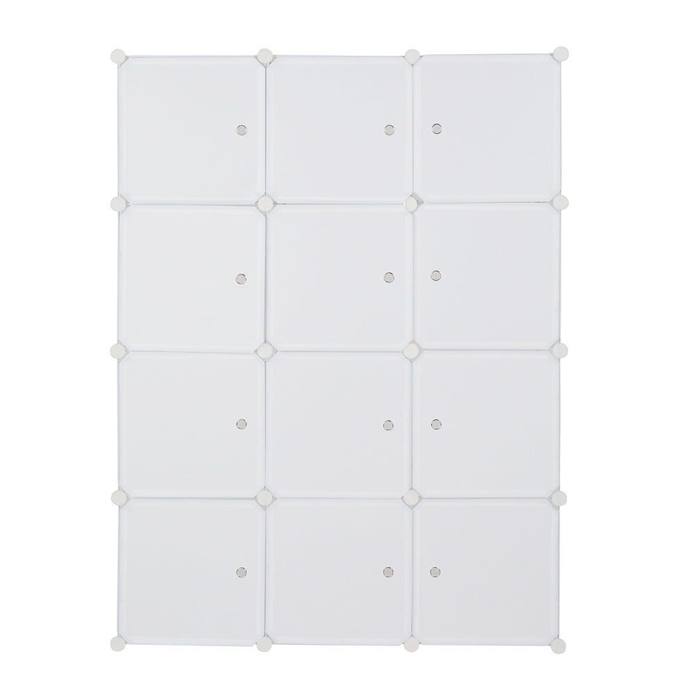 "White 12-cube modular plastic storage organizer with customizable layout and built-in hanging rod, featuring stackable DIY closet shelves for organizing clothes, shoes, toys, and household items.