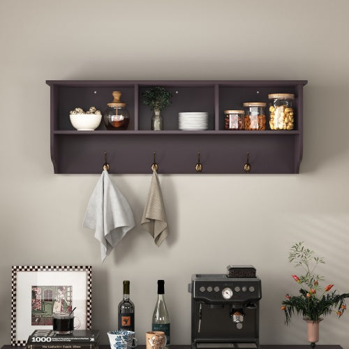 Espresso wall-mounted coat rack with shelf, 4 dual hooks, and 3 open cubbies for entryway storage and organization