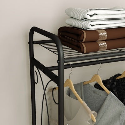 Multi-functional laundry hamper organizer with metal frame, storage shelves, hanging rail, and rolling wheels—space-saving design for laundry rooms, bedrooms, or bathrooms