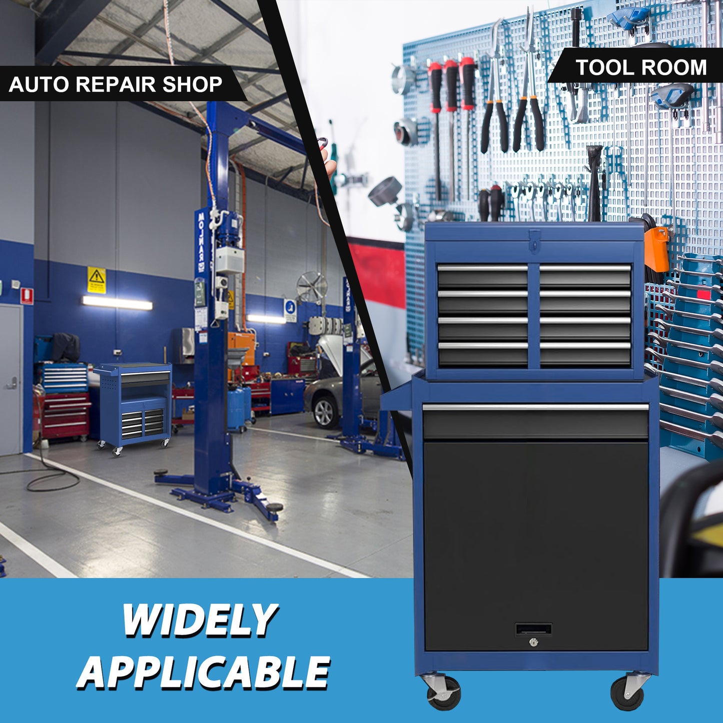 Mobile auto repair tool cart with multiple drawers and top toolbox, sturdy iron frame, and smooth wheels for easy movement in workshop
