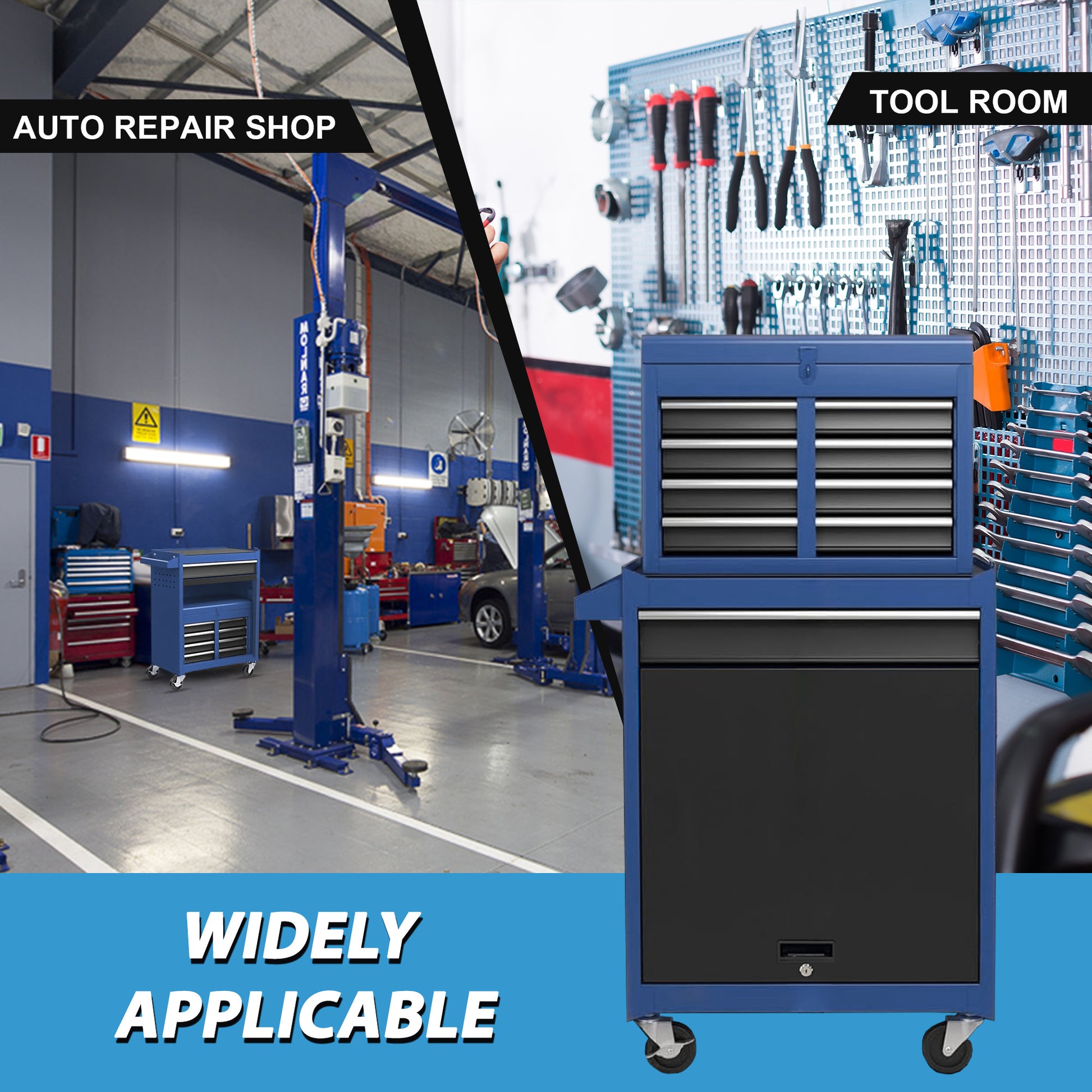 Mobile auto repair tool cart with multiple drawers and top toolbox, sturdy iron frame, and smooth wheels for easy movement in workshop