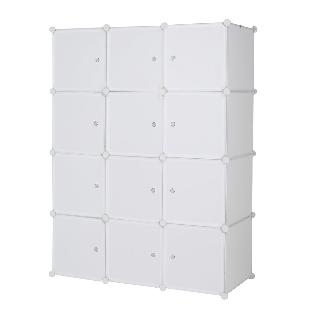 "White 12-cube modular plastic storage organizer with customizable layout and built-in hanging rod, featuring stackable DIY closet shelves for organizing clothes, shoes, toys, and household items.