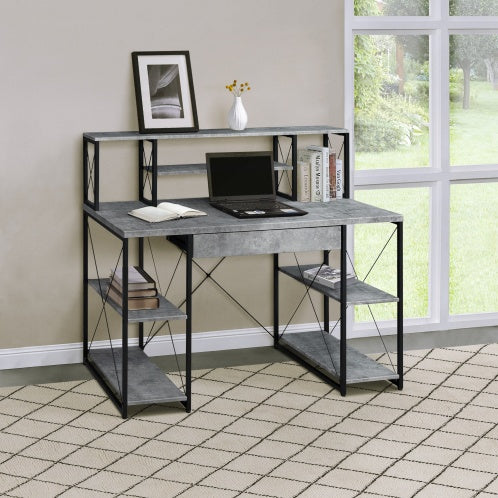 Sleek black office desk with open shelves, hutch, and drawer—features wood surface and sturdy metal sled base, ideal for organized home office or studio workspace