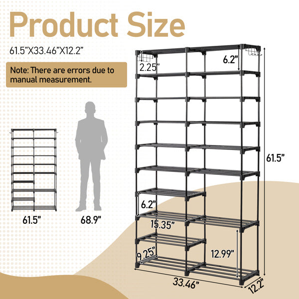 Black double-row 9-tier shoe rack with handles, featuring a sturdy iron frame and non-woven fabric shelves, designed for efficient vertical shoe storage in entryways or closets
