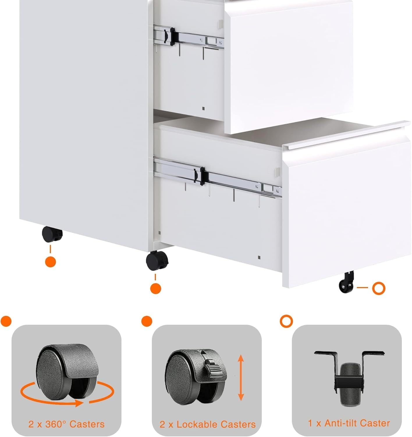 White metal 2-drawer office file cabinet by Aobabo with lock, hanging file storage for legal, letter, and A4 documents, fully assembled with wheels for under-desk use and enhanced mobility.