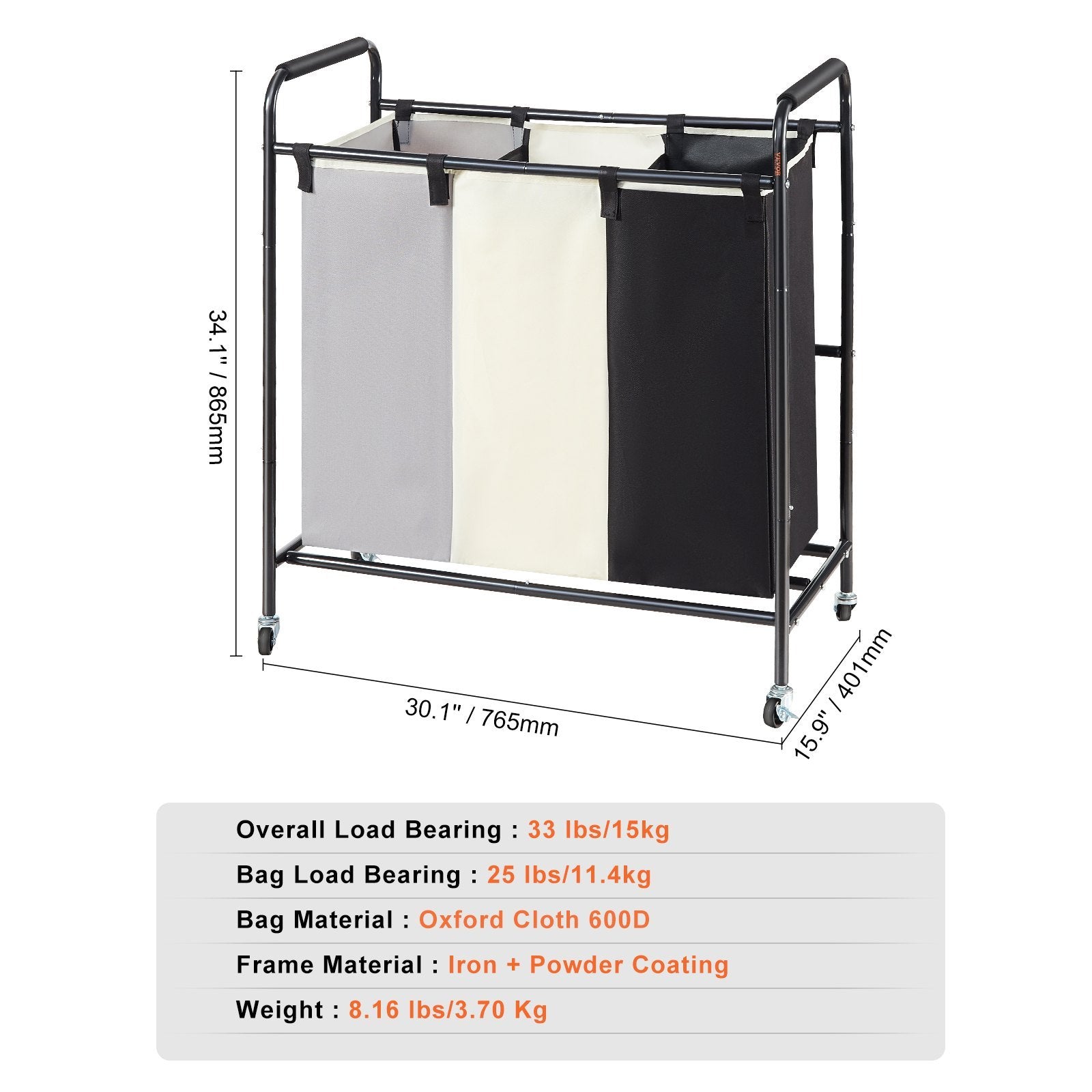 VEVOR 3-section rolling laundry hamper with heavy-duty metal frame, removable sorting bags, and smooth-rolling wheels for easy transport and organization