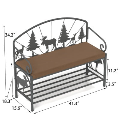 Industrial rustic upholstered shoe rack bench in antique brown with metal frame, featuring comfortable seating and open undershelf for shoe storage, perfect for entryway or bedroom organization