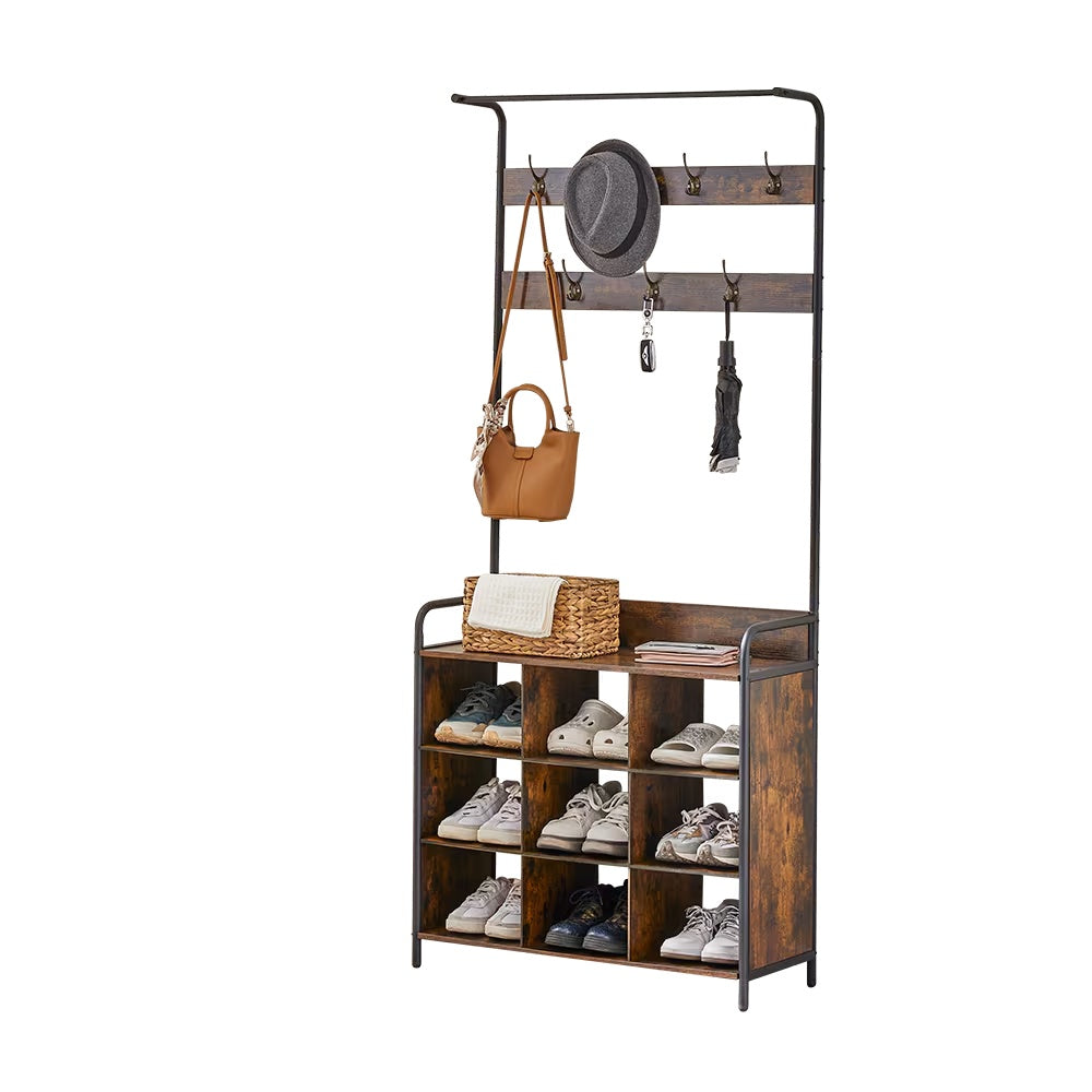 3-in-1 Entryway Coat Rack with Shoe Storage, 7 Metal Hooks, Hanging Rod, Antique Natural Finish, Freestanding Hall Tree Organizer